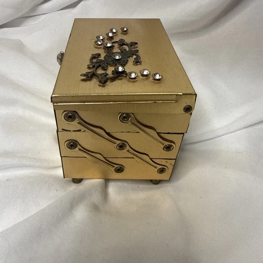 Vintage Brass Travel Rhinestone Jewelry Box Gold Tone New York Regency Fold
